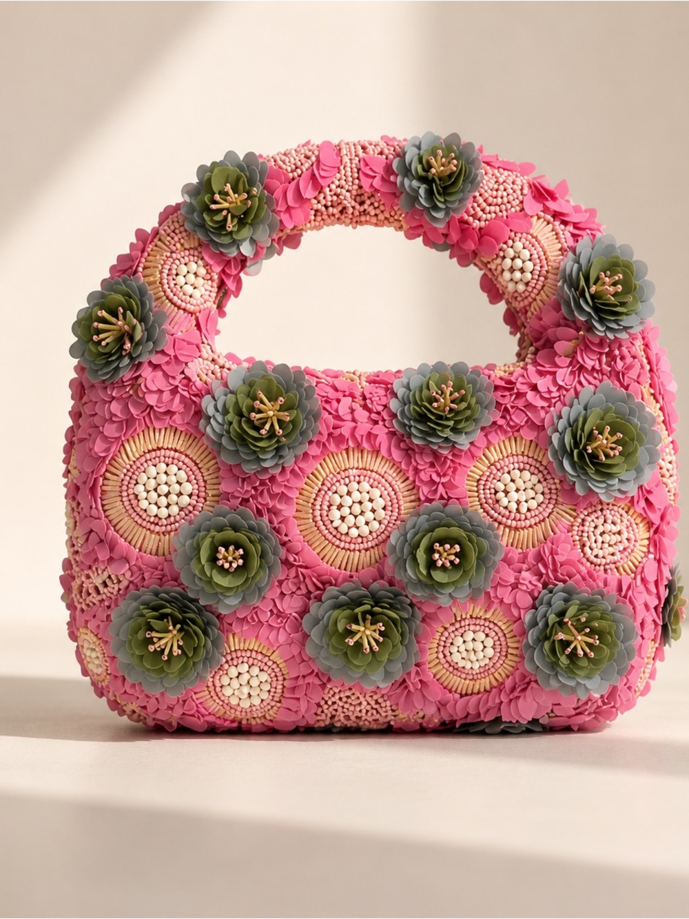 Anthropologie Pink Floral Appliqué Mini Bag with Green Accents